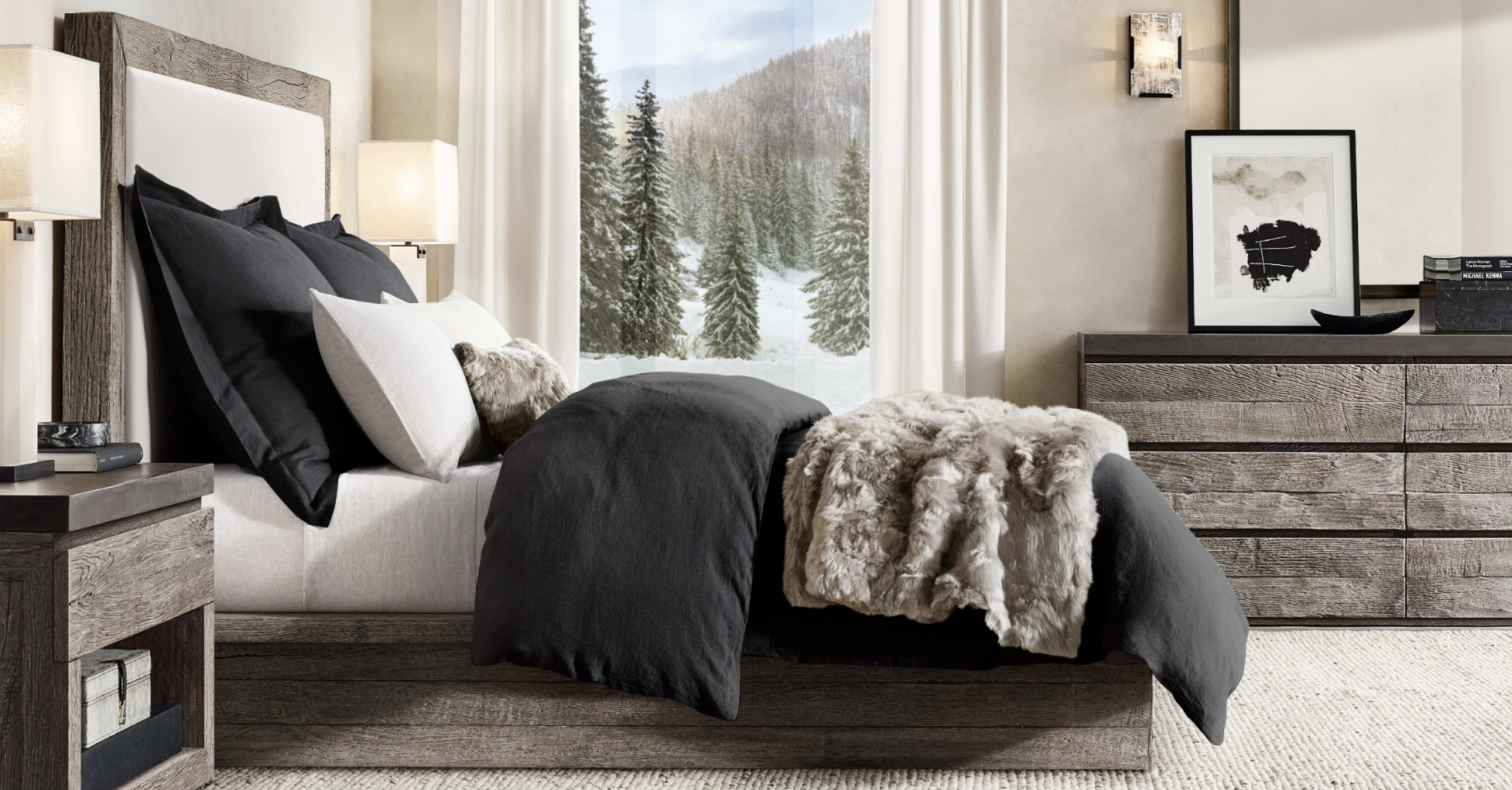 RH Ski House Black Linen Bedding